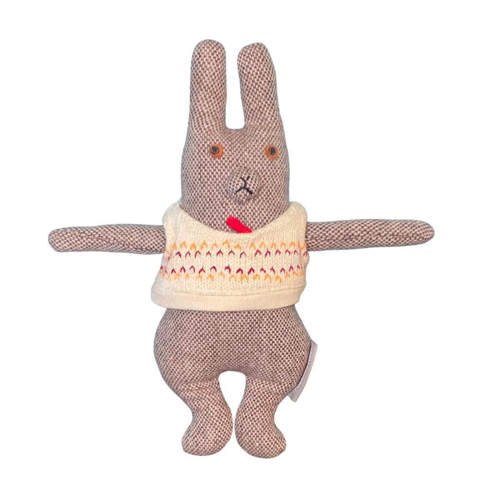 The Land of Nod Plush Bunny Rabbit Stuffed Animal Brown Woven Knit Sweater Toy